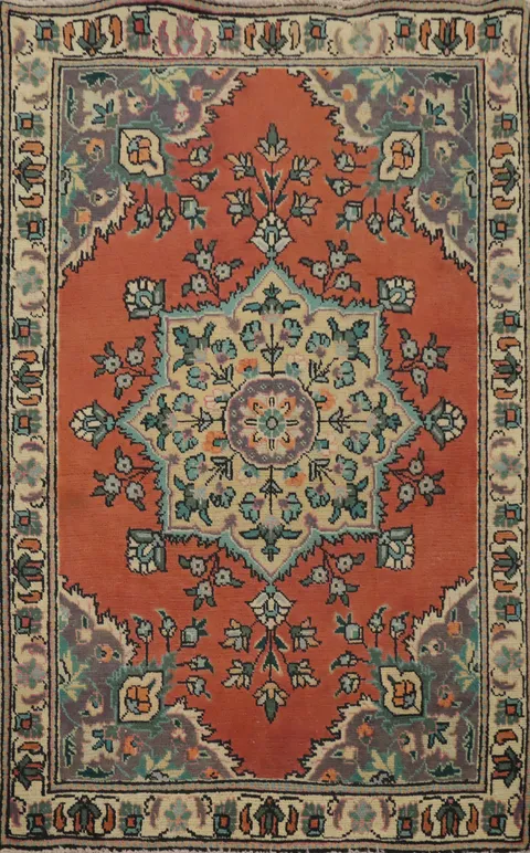 Geometric Wool Orange Tabriz Persian Rug 3x5