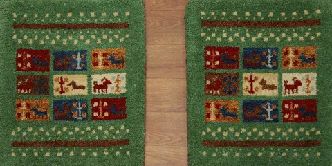 Set of Two Green Gabbeh Oriental Square Rug 1x1