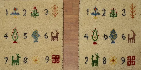 Set of Two Gabbeh Rugs 1x1 with Whimsical Animal Motifs and Numbers
