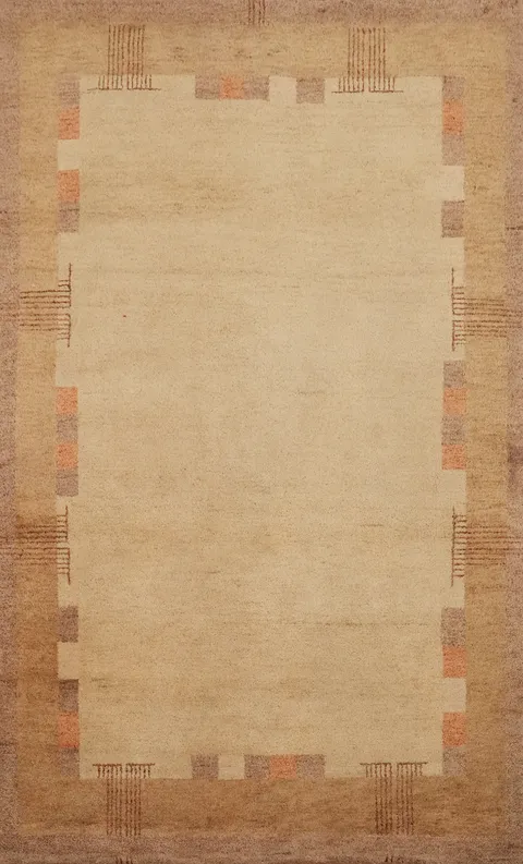 Natural Toned Wool Gabbeh Area Rug 5x8 with Unique Border Design