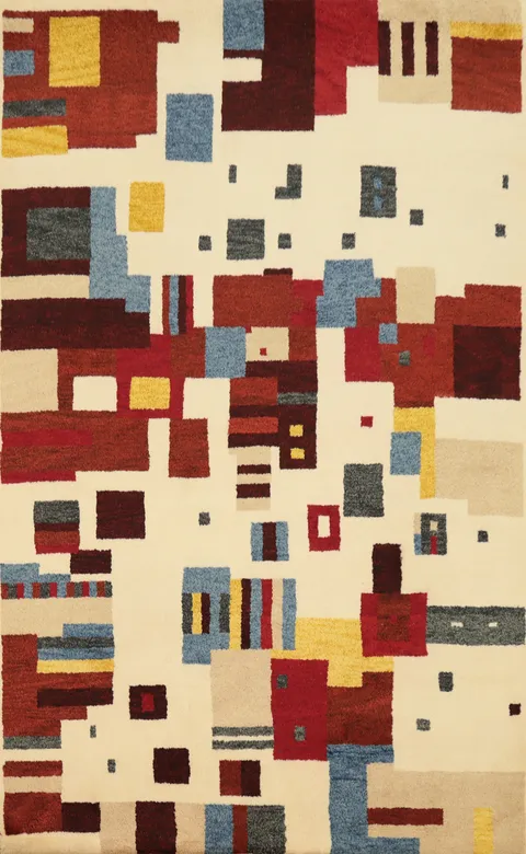 Abstract Gabbeh Area Rug 5x8 with Multicolor Geometric Shapes