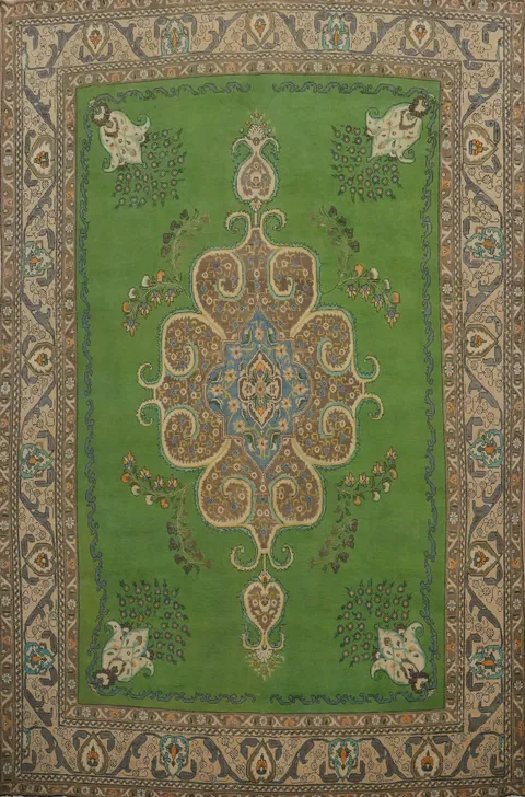 Green Wool Medallion Tabriz Persian Area Rug 10x13