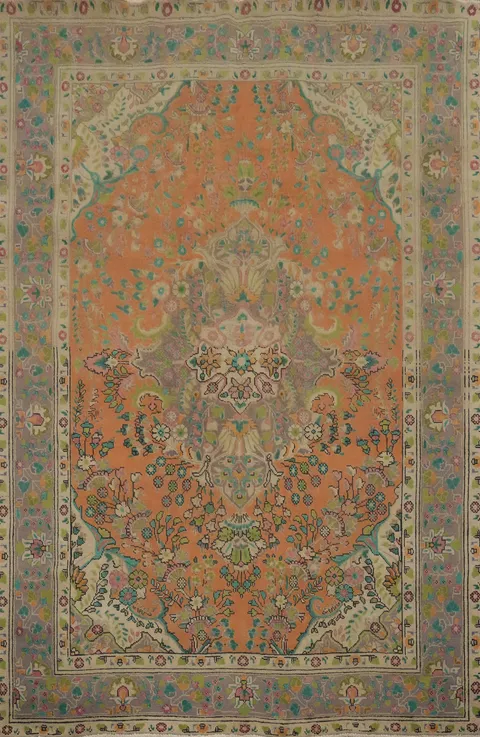 Orange Wool Floral Tabriz Persian Area Rug 7x9