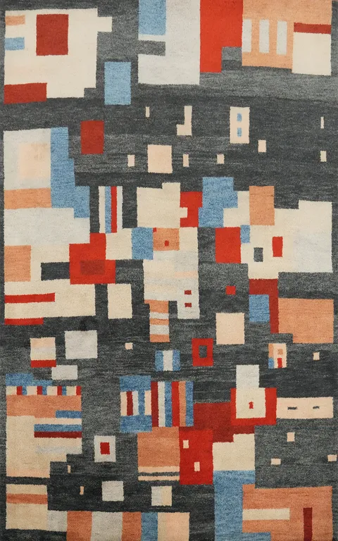 Modern Abstract Gabbeh Area Rug 5x8 with Vibrant Color Blocks