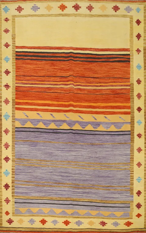 Unique Multicolor Striped Kilim Area Rug 6x10 with Geometric Shapes