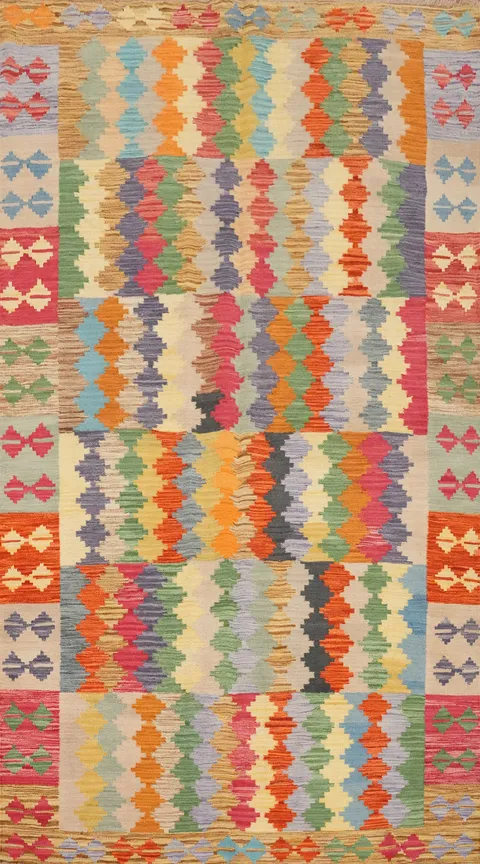 Vegetable Dye Geometric Kilim Flat Weave Area Rug 5x8