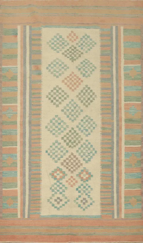 Elegant Pastel Geometric Kilim Wool Rug 4x6 for Modern Spaces