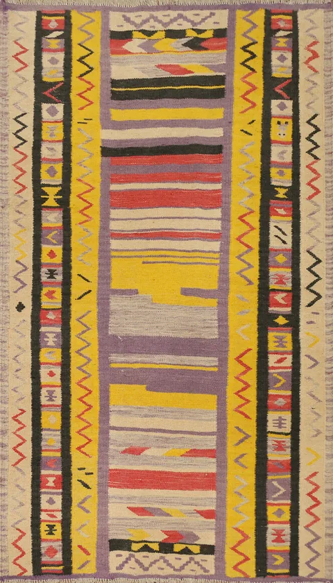 Colorful Striped Kilim Wool Rug 3x5 with Dynamic Patterns for Any Space