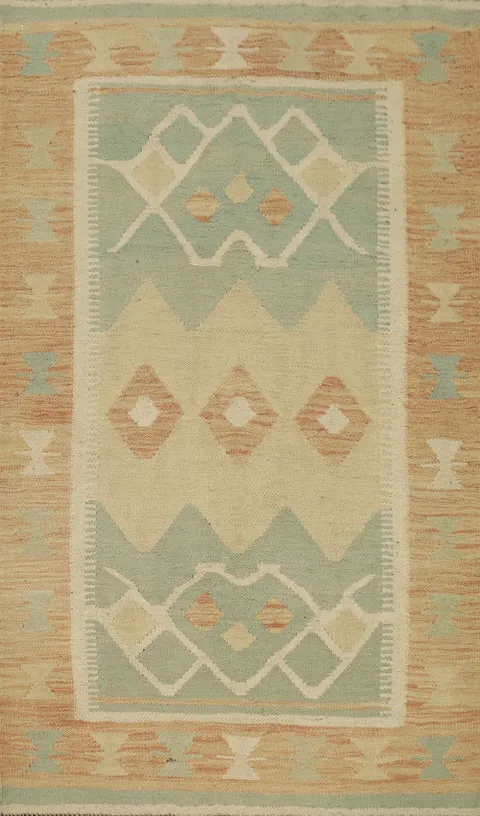 Artistic Earth-tone Kilim Wool Rug 3x5 with Unique Geometric Patterns
