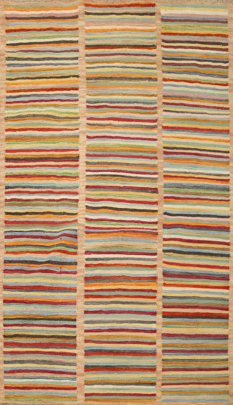 Vibrant Multicolor Striped Kilim Wool Rug 3x5 for Modern Interiors