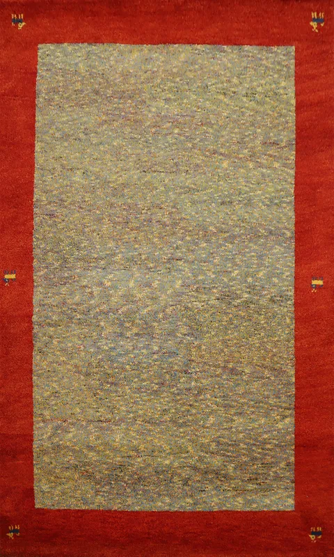Handcrafted Gabbeh Rug 5x7 Rich Red Frame and Marbled Centerpiece