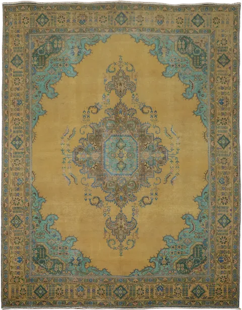 Distressed Medallion Tabriz Persian Rug with Rich Yellow and Teal Details 10x12