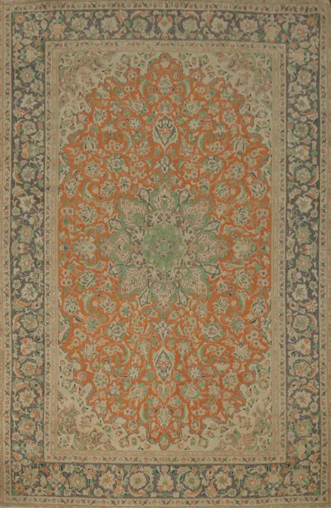 Vintage Floral Wool Orange Tabriz Persian Area Rug 8x11