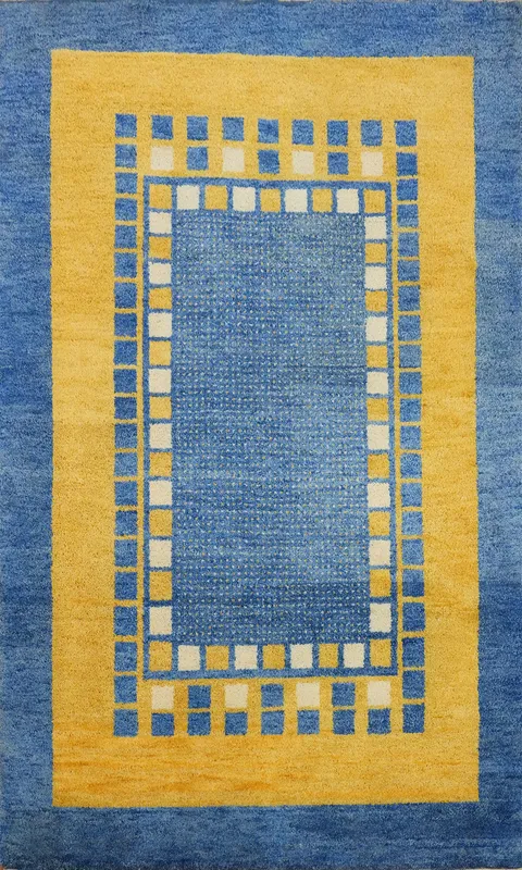 Luxurious Blue and Yellow Rectangular Geometric Gabbeh Area Rug 4x6