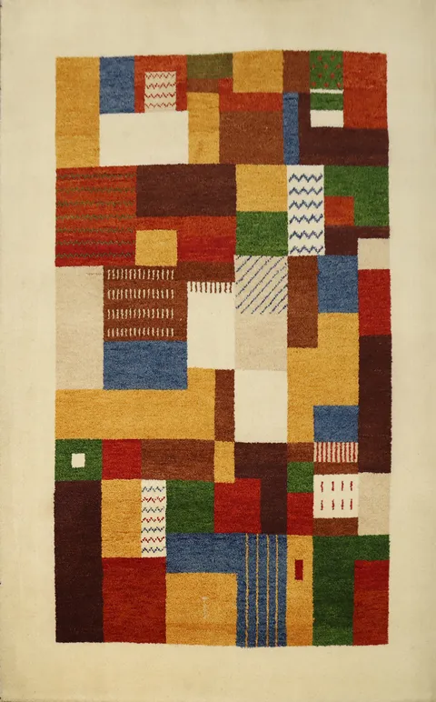 Vibrant Patchwork Gabbeh Rug 5x7 with Bold Geometric Patterns