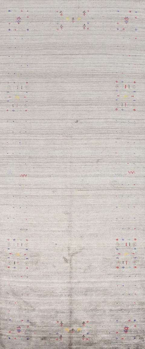 Gray Gabbeh Area Rug 5x12 with Subdued Colorful Tribal Patterns