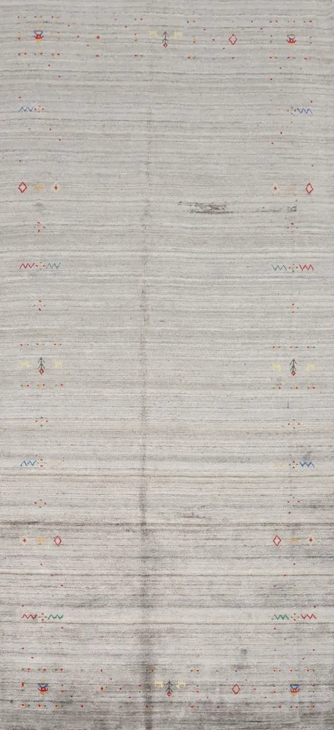 Minimalistic Gray Gabbeh Area Rug 5x12 with Subtle Tribal Patterns