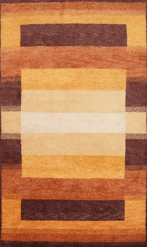 Earthy Modern Gabbeh Rug 4x6 with Stripes Walnut and Caramel Hues