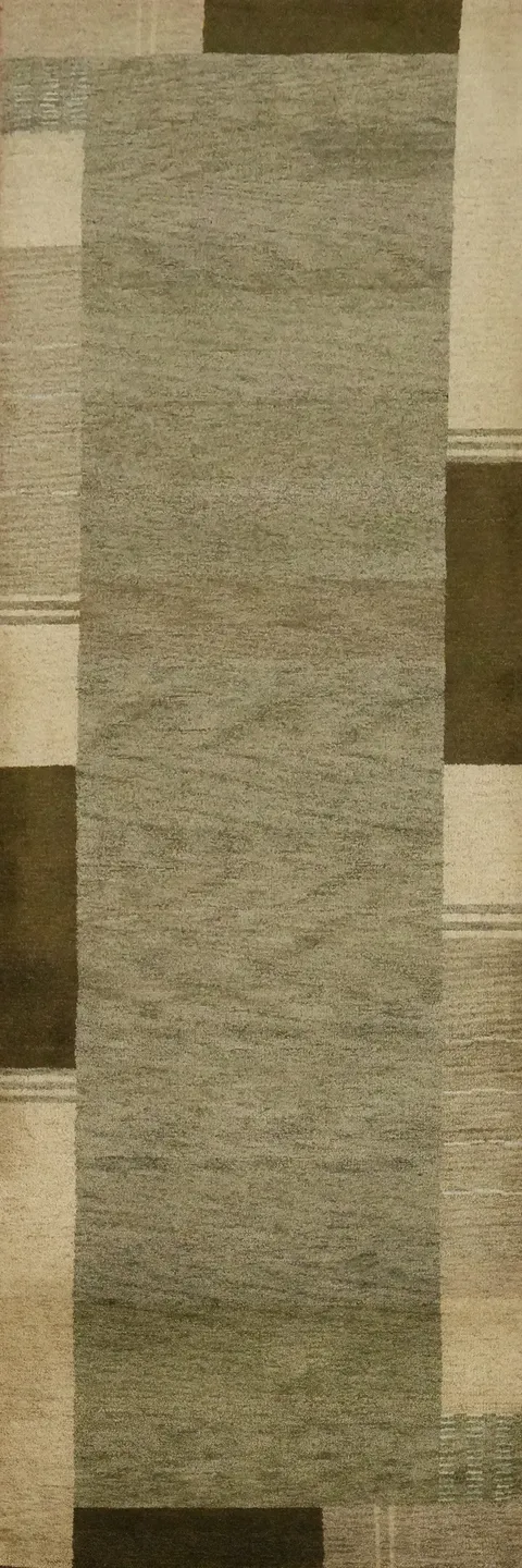 Green Solid Gabbeh Wool Runner Rug 3x12