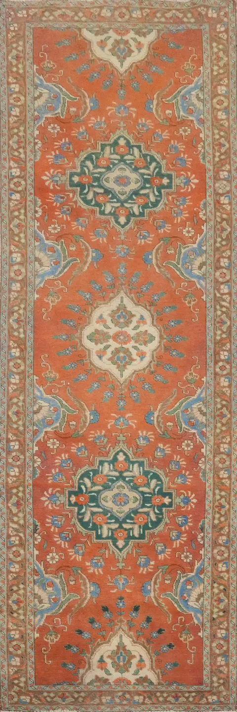 Orange Wool Floral Tabriz Persian Runner Rug 3x11