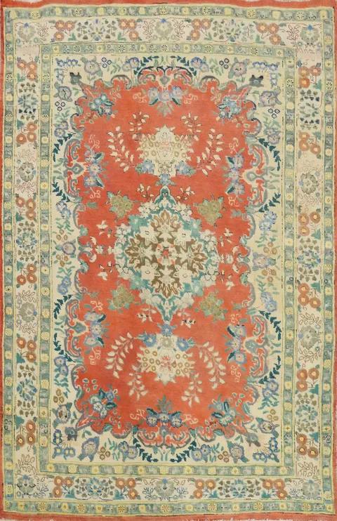 Traditional Floral Wool Orange Tabriz Persian Rug 5x6
