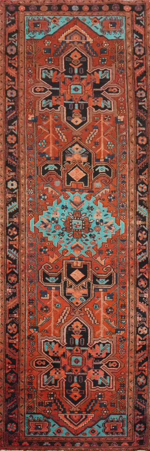 Handmade Wool Geometric Heriz Persian Runner Rug 3x11