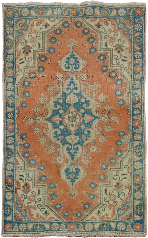 Distressed Vintage Orange and Blue Tabriz Persian Rug 4' 3'' x 2' 8''