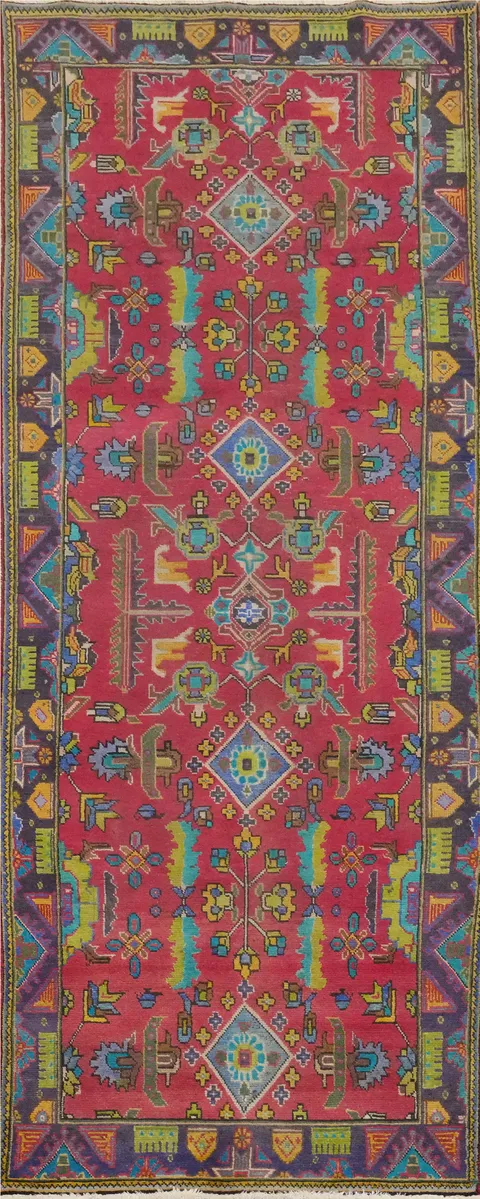 Pink Wool Geometric Tabriz Persian Runner Rug 4x10