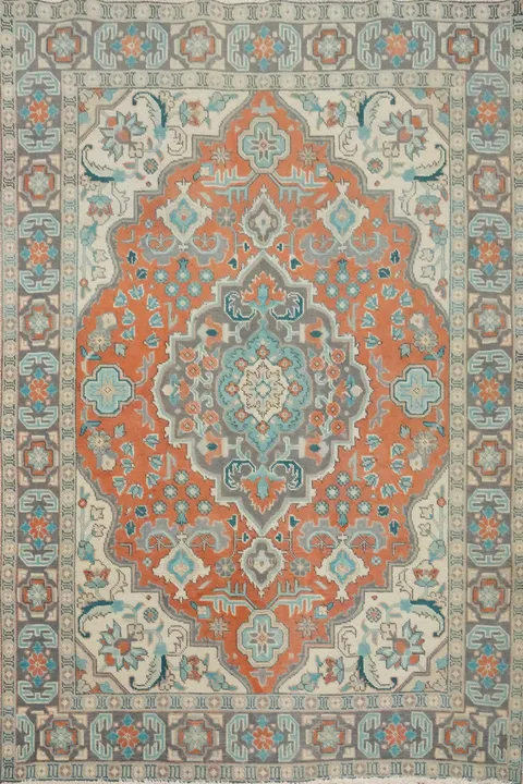 Traditional Wool Orange Tabriz Persian Rug 5x6