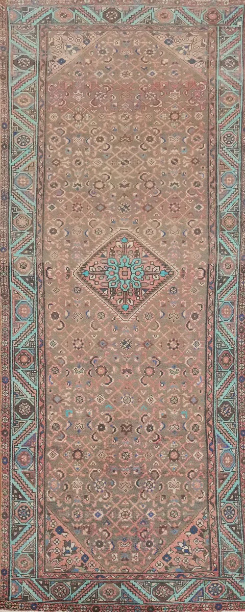 Vintage Geometric Hamedan Persian Runner Rug 3x10