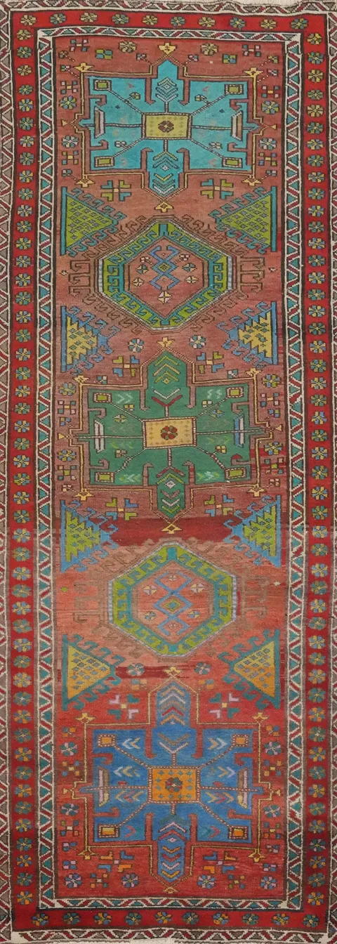 Vintage Geometric Heriz Persian Runner Rug 3x10