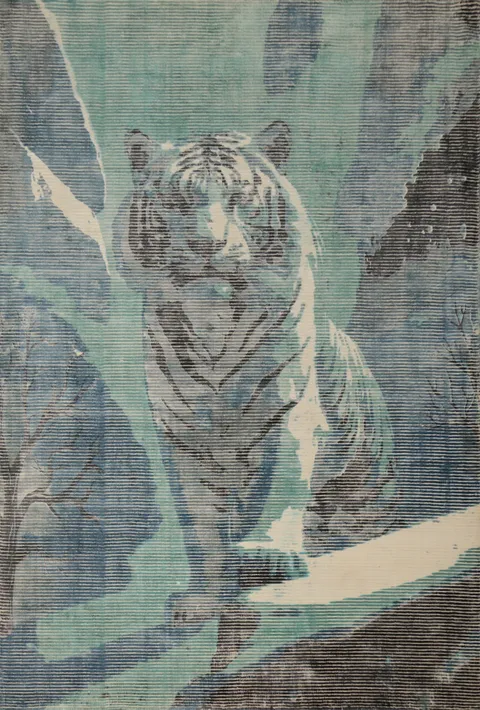 Majestic Tiger Modern Area Rug 5x8 Featuring a Serene Mountain Scene