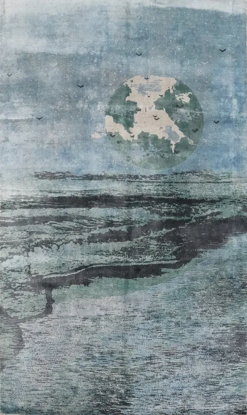 Artistic Ocean-Inspired Abstract Rug 5x7 with Sky Moon Light