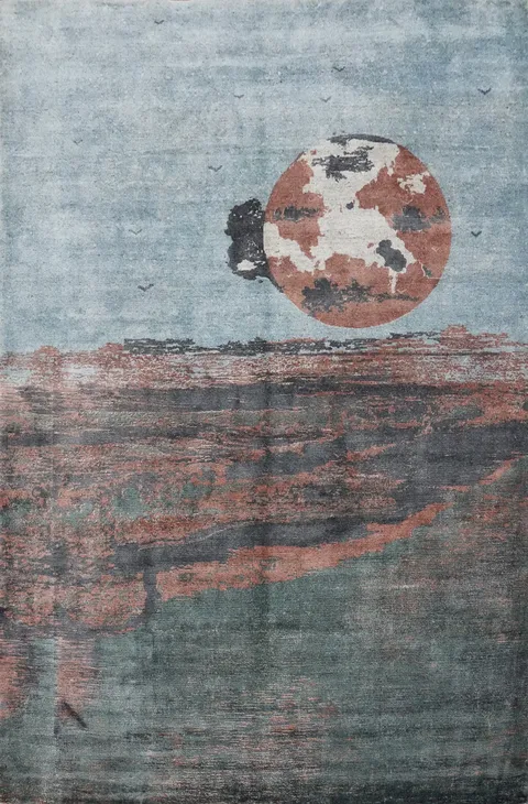 Abstract Landscape Area Rug 6x8 with Moon Design in Earthy Tones