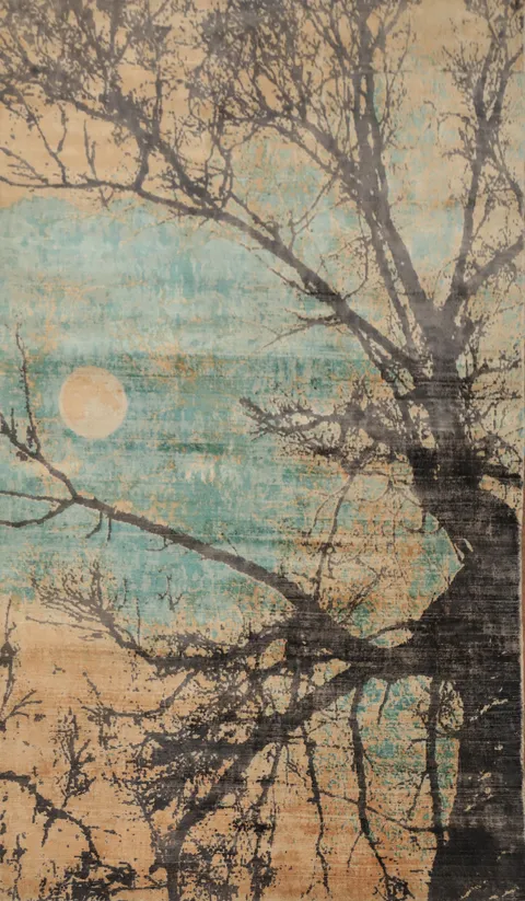 Abstract Tree Silhouette Modern Area Rug 5x8 with Moonlit Sky Design