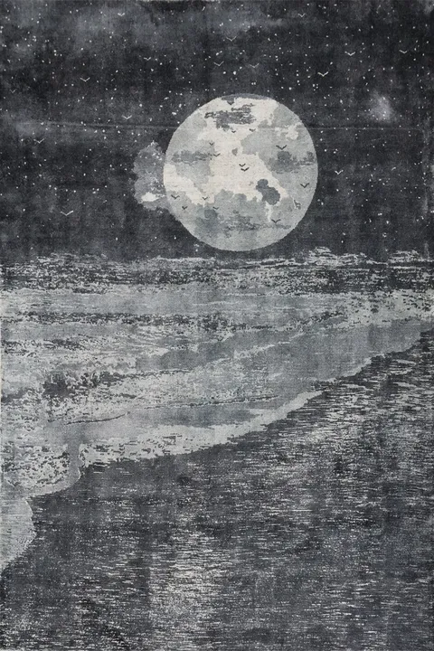 Moonlit Beach Scene Abstract Area Rug 6x8 Perfect for Coastal Rooms