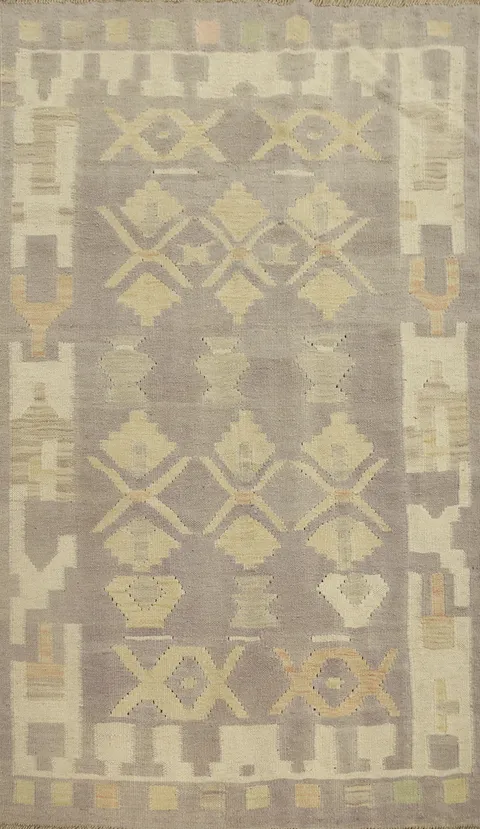 Neutral Toned Wool Kilim Rug 3x5 with Geometric Accents