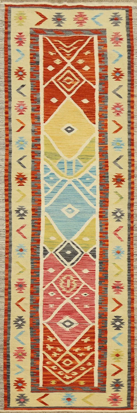 Vibrant Geometric Kilim Runner Rug 3x10 with Aztec Inspirations