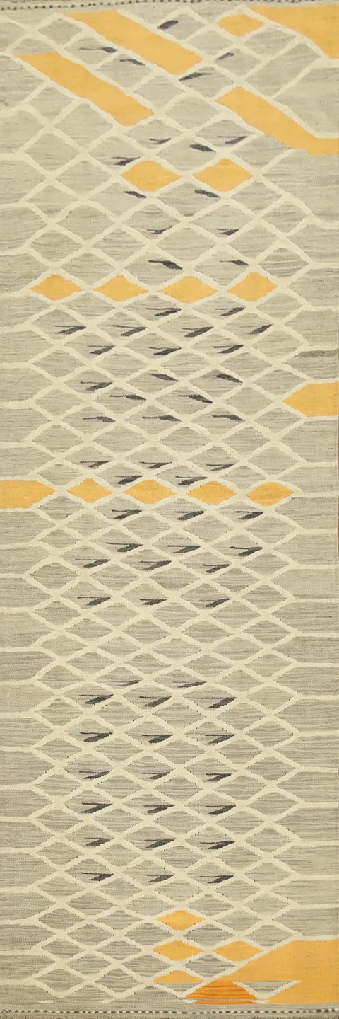 Contemporary Linear Chevron Kilim Runner Rug 3x10 in Subtle Yellow Hues