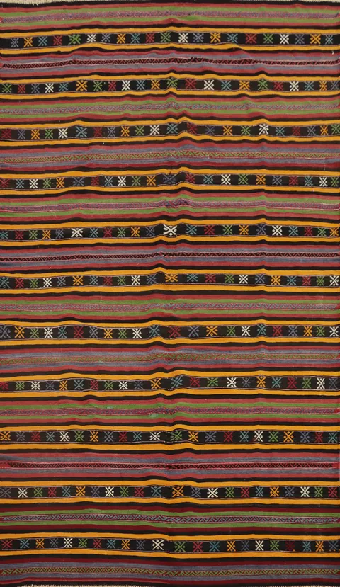 Vibrant Striped Wool Kilim Area Rug 5x9 with Intricate Design
