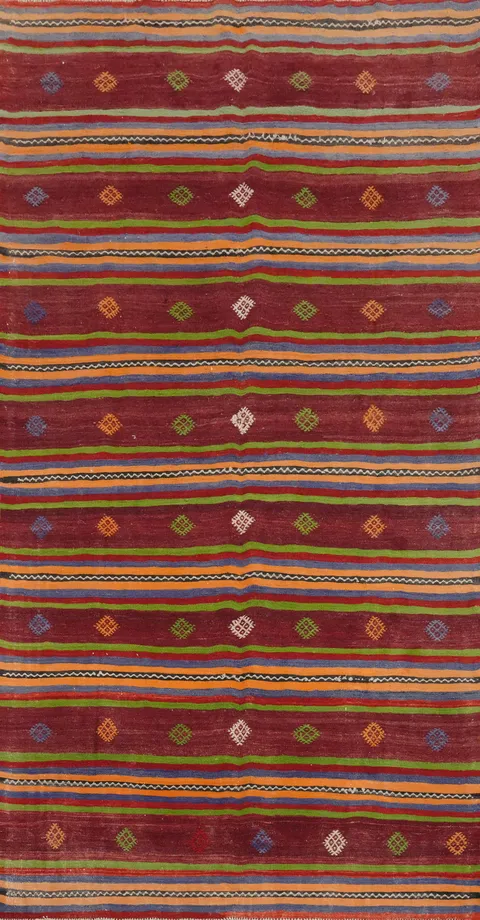 Striped Red Geometric Kilim Vegetable Dye Area Rug 5x10
