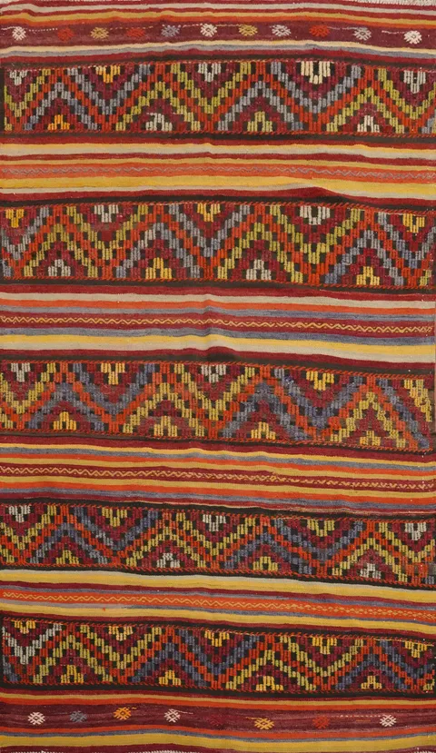 Handwoven Kilim Area Rug 5x8 with Zigzag and Striped Elements