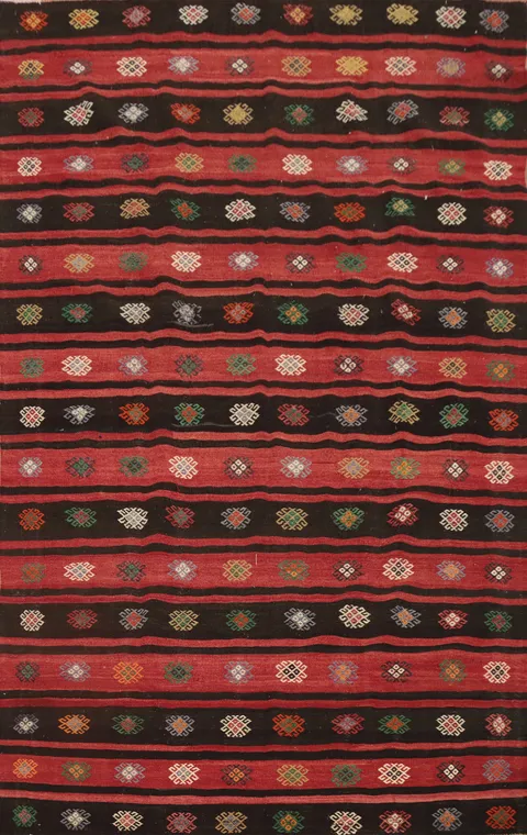 Vibrant Striped Kilim Area Rug 7x11 with Intricate Geometric Designs