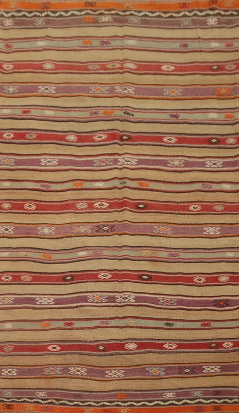 Vegetable Dye Striped Wool Kilim Turkish Rug 4x7