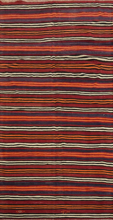 Handcrafted Striped Kilim Area Rug 5x11 with Bold Multicolor Design