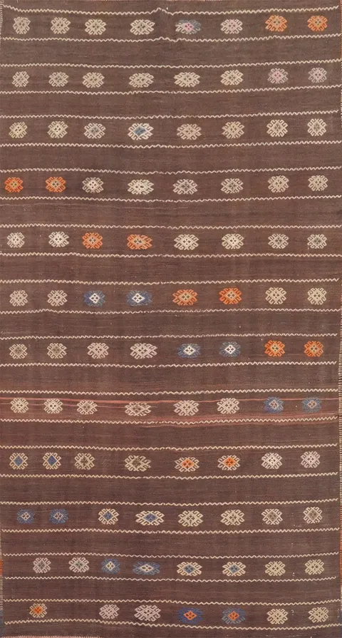 Earthy Brown Kilim Area Rug 5x9 Featuring Colorful Ethnic Motifs