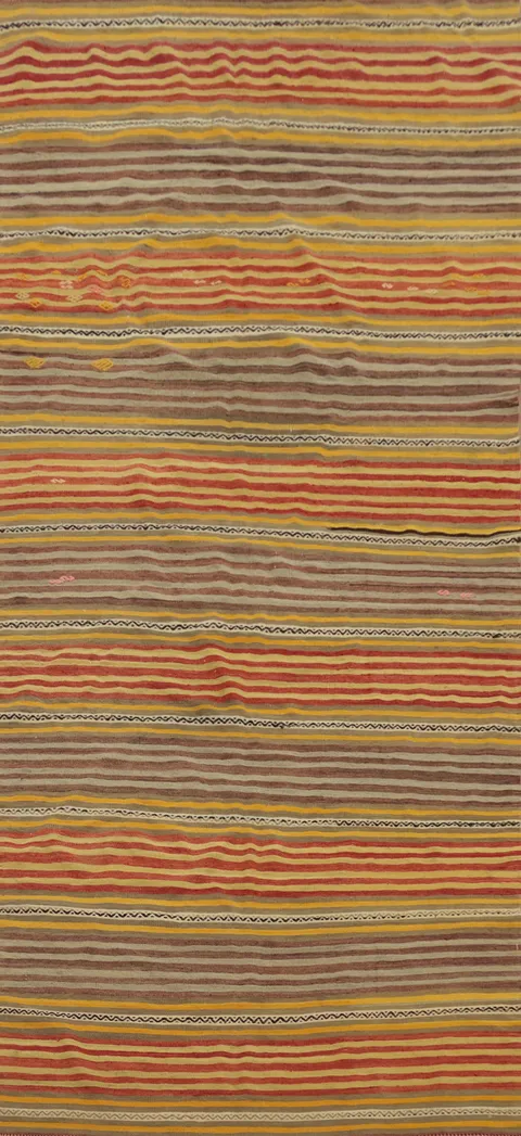 Bold Striped Kilim Runner Rug 4x10 with Warm Colors Palette
