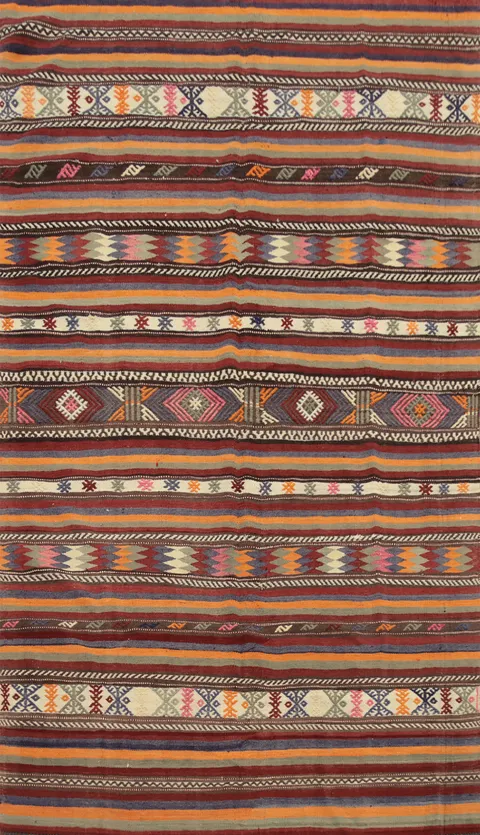 Bohemian Kilim Area Rug 6x10 in Colored Stripes and Ethnic Motifs