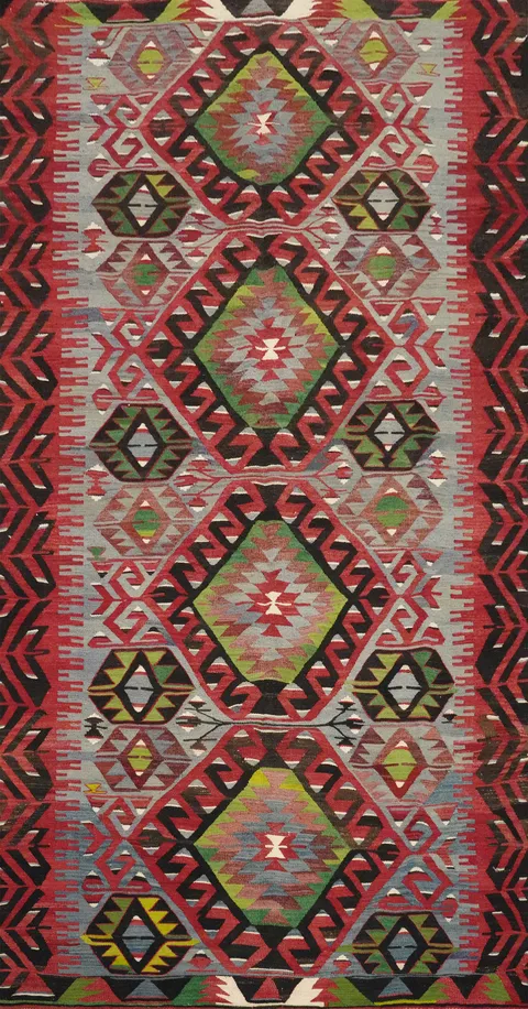 Vibrant Geometric Wool Kilim Area Rug 5x10 with Bold Red Accents
