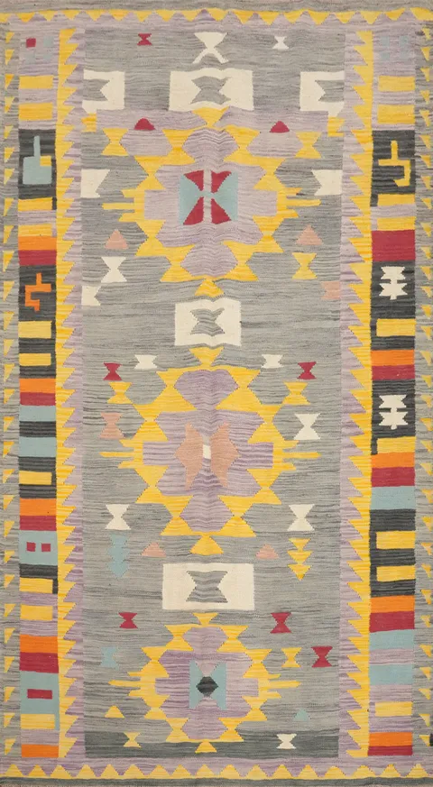Artistic Kilim Area Rug 5x8 With Geometric Shapes in Bold Colors